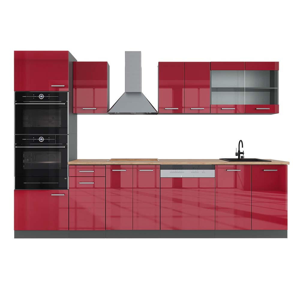 KÜCHENZEILE R-Line Rot Hochglanz/Anthrazit 300 cm mit Hochschrank, AP Eiche - Anthrazit/Rot, Holzwerkstoff (300/81.6/60cm) - Vicco
