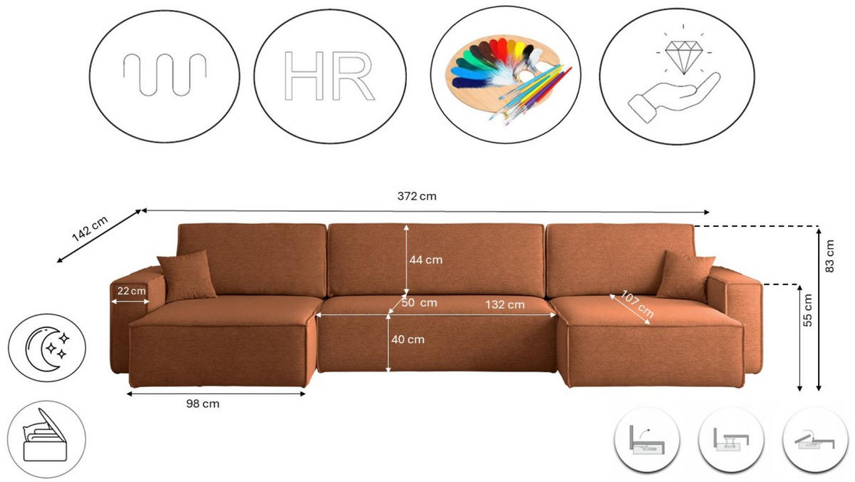 ECKSOFA Mit Schlaffunktion Und Bettkasten, Eckcouch BEST U XL Stoff Verita Kupfer - Kupferfarben, Holz (142/372cm) - Kaiser Möbel