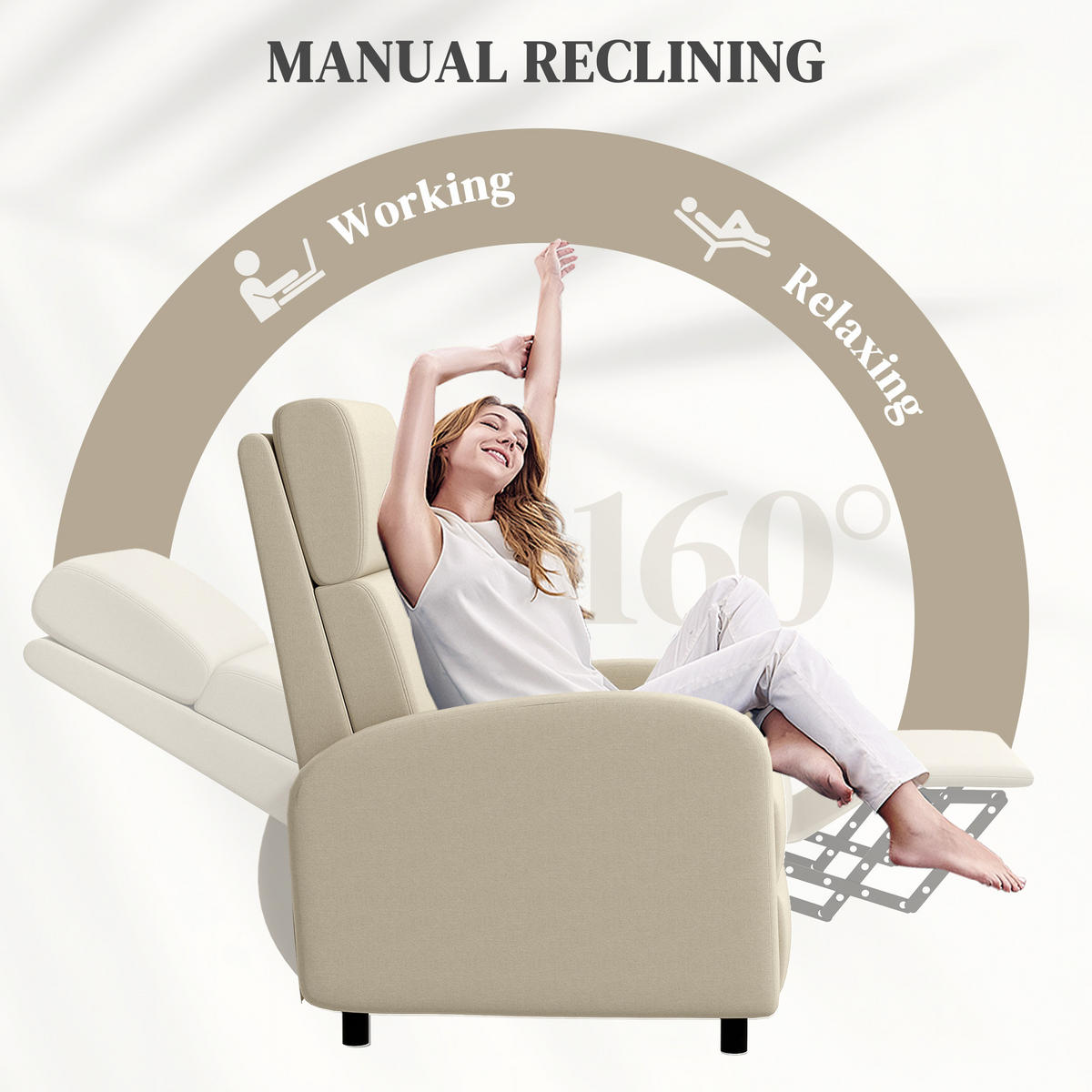 RELAXFÅTÖLJ, vadderad reclinerfåtölj med liggfunktion, belastningskapacitet till 120 kg - Cremefärgad/Svart, Textil/Plast (64/102/86cm) - HOMCOM