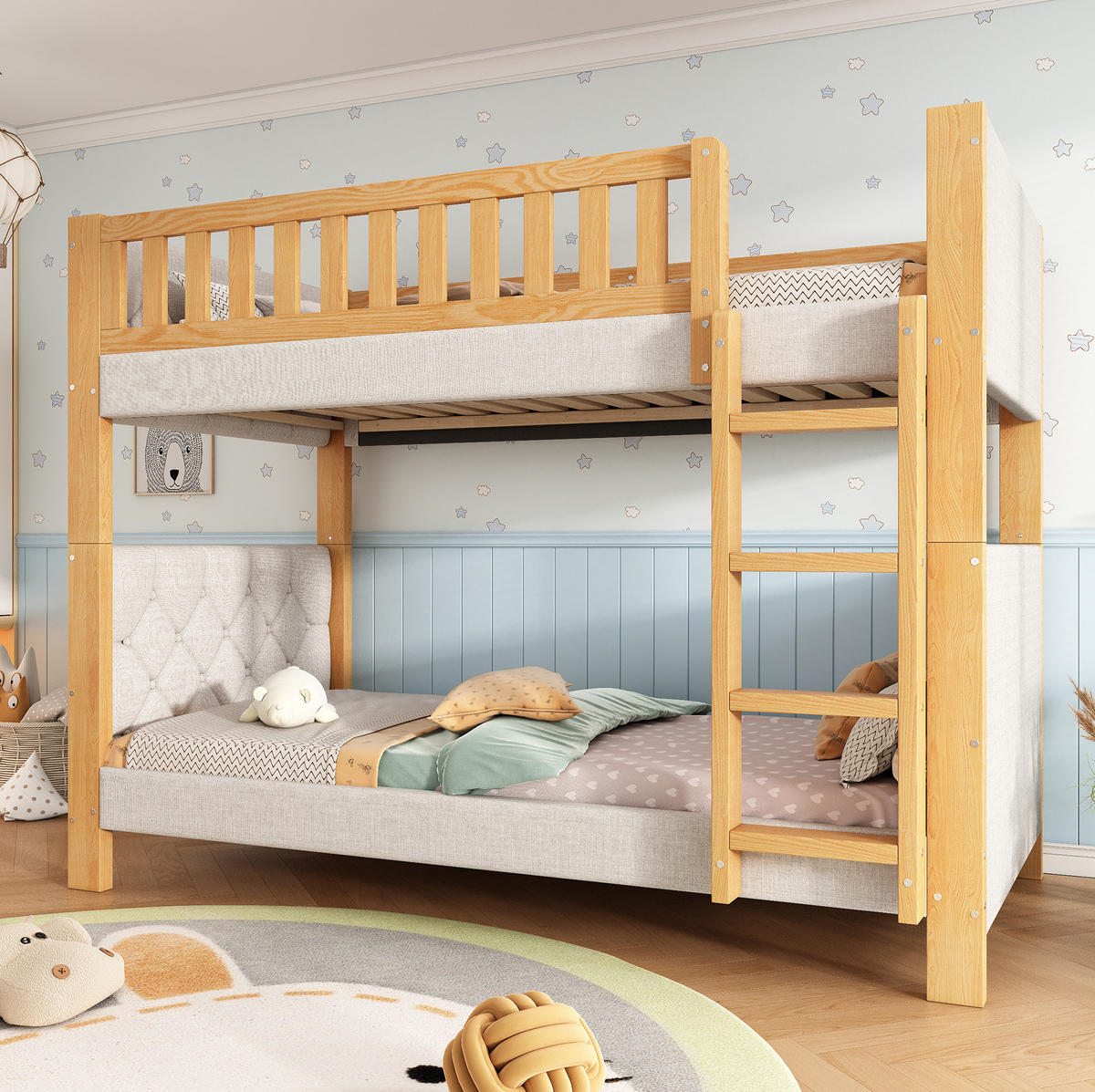 ETAGENBETT 90/200 cm grau/natur aus Kautschukholz und MDF mit gerader Treppe - Grau, Holz (90/200cm) - OKWISH