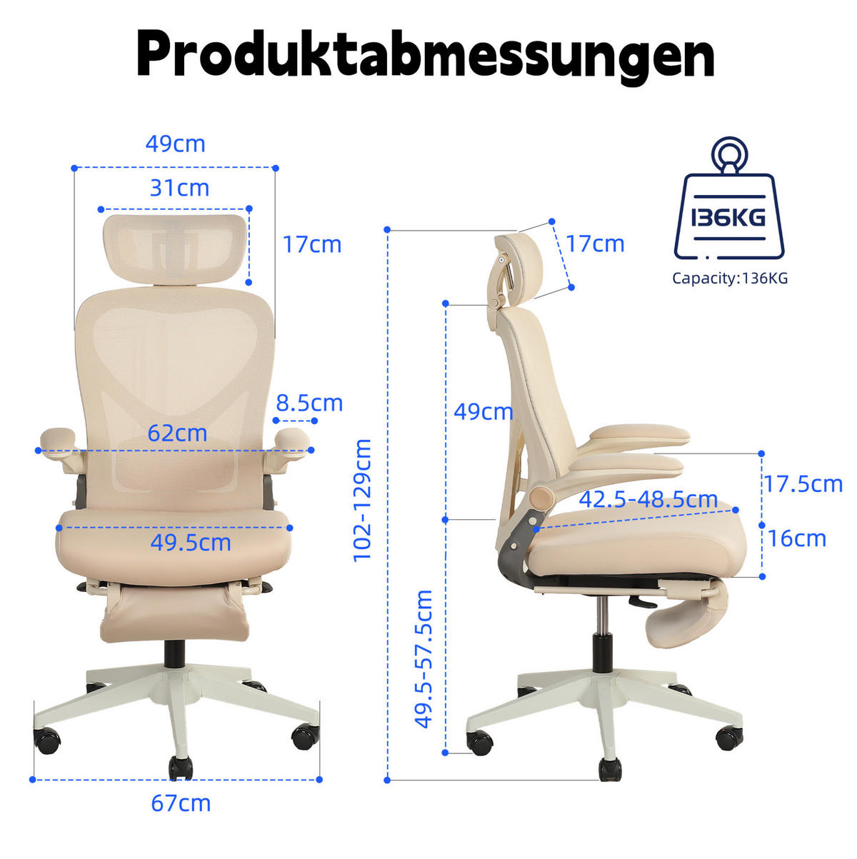 DREHSTUHL 67/67/129 cm cream aus Schaumstoff mit klappbarer Rückenlehne und Kopfstütze - Creme, Kunststoff (62/129/48.5cm) - OKWISH