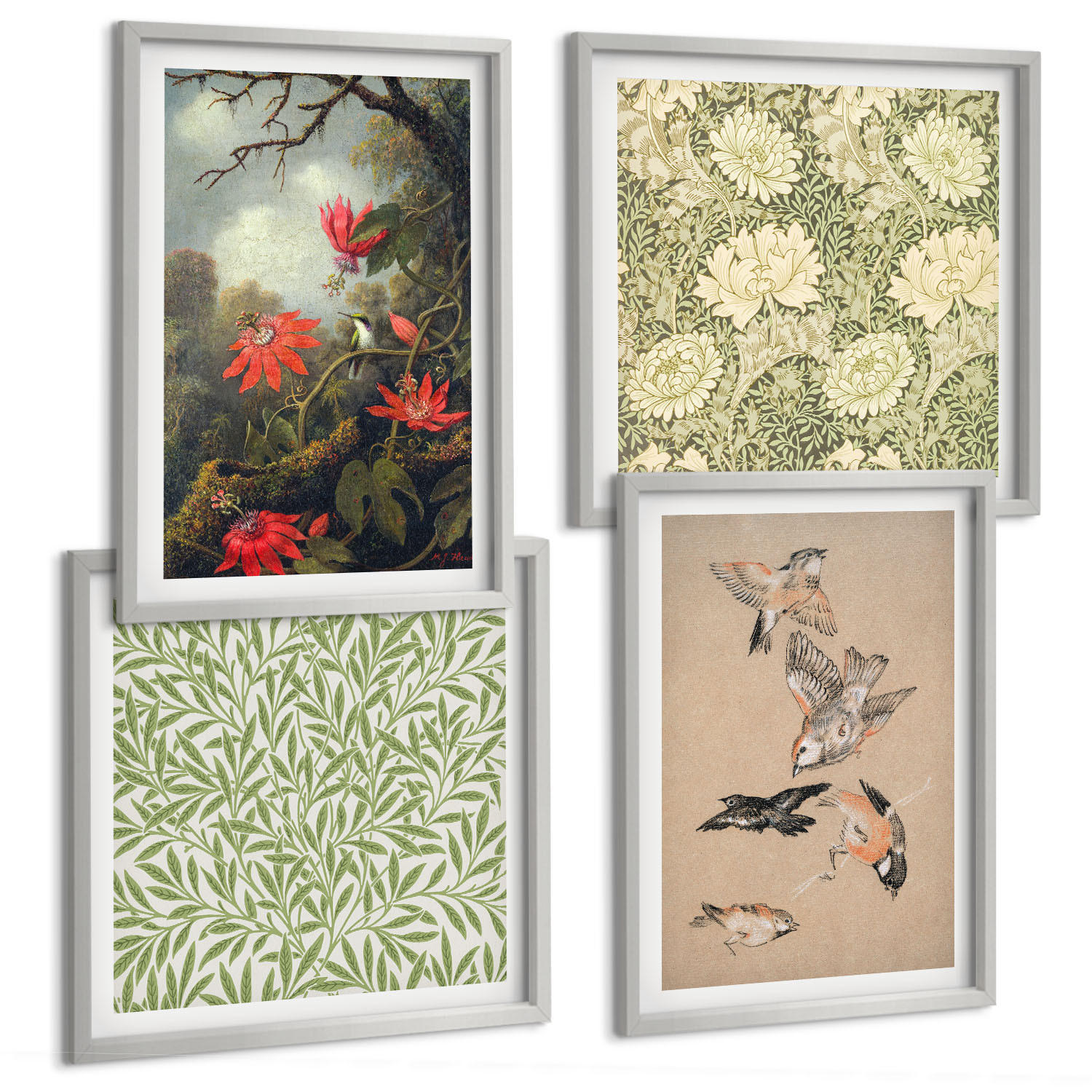 BILDER SET 4er Set - 50x50 cm & 40x60 cm Silberner Rahmen - Blumen und Vögel in natürlicher Umgebung - Silberfarben, Kunststoff (50/50cm) - TULUP