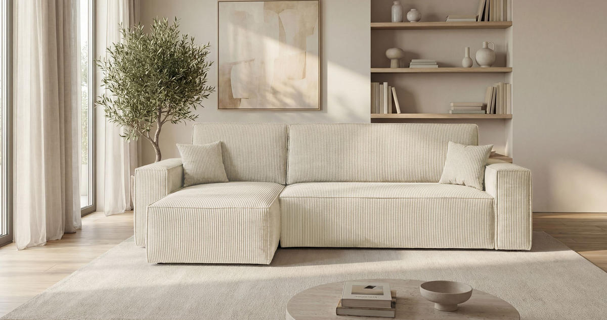 ECKSOFA CALIFORNIA MINI links weiß Cord Poso 100 - Schlaffunktion, Bettkasten - Weiß, Textil (245/140cm) - Cornero