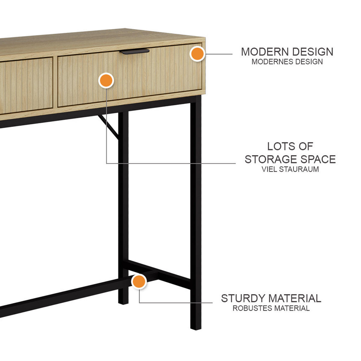 KONSOLENTISCH Lennox Eiche 100 x 75 cm mit 2 Schubladen - Eichefarben/Schwarz, Holzwerkstoff (30/100/75cm) - Vicco