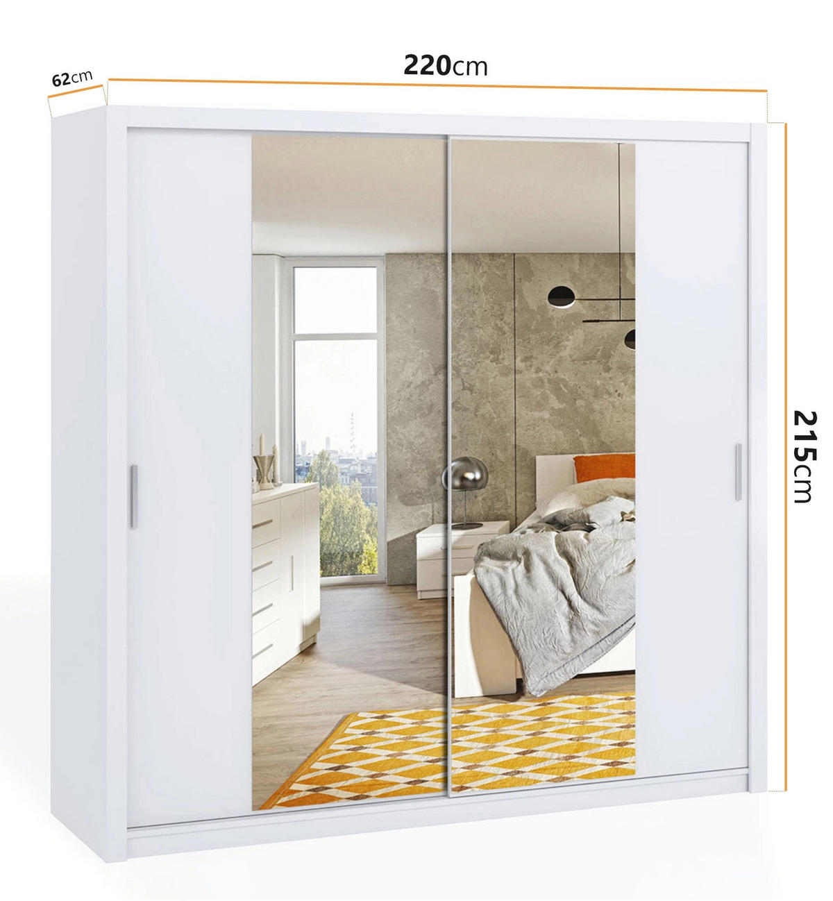 SCHIEBETÜRENSCHRANK Tamiza 220/215/62 mit Spiegel - Silberfarben/Weiß, Holzwerkstoff/Kunststoff (220/215/62cm) - Ravio
