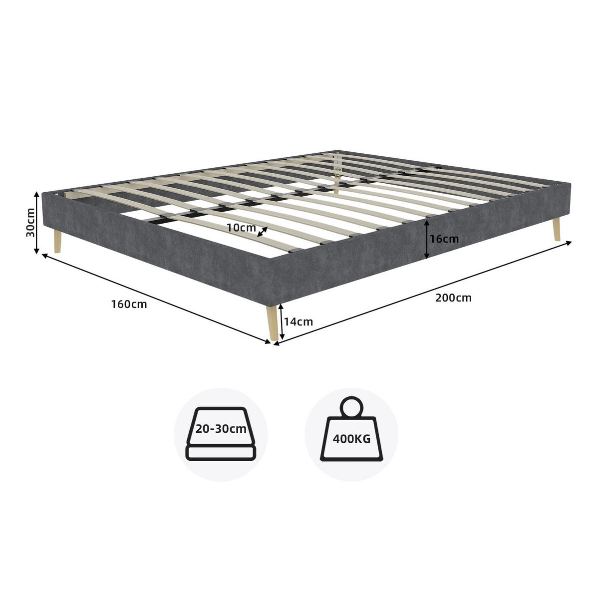 KREVET 160/200 cm od tkanine i metala s čvrstom potporom i modernim niskim dizajnom, Siva - siva, tekstil (160/200cm) - Redom