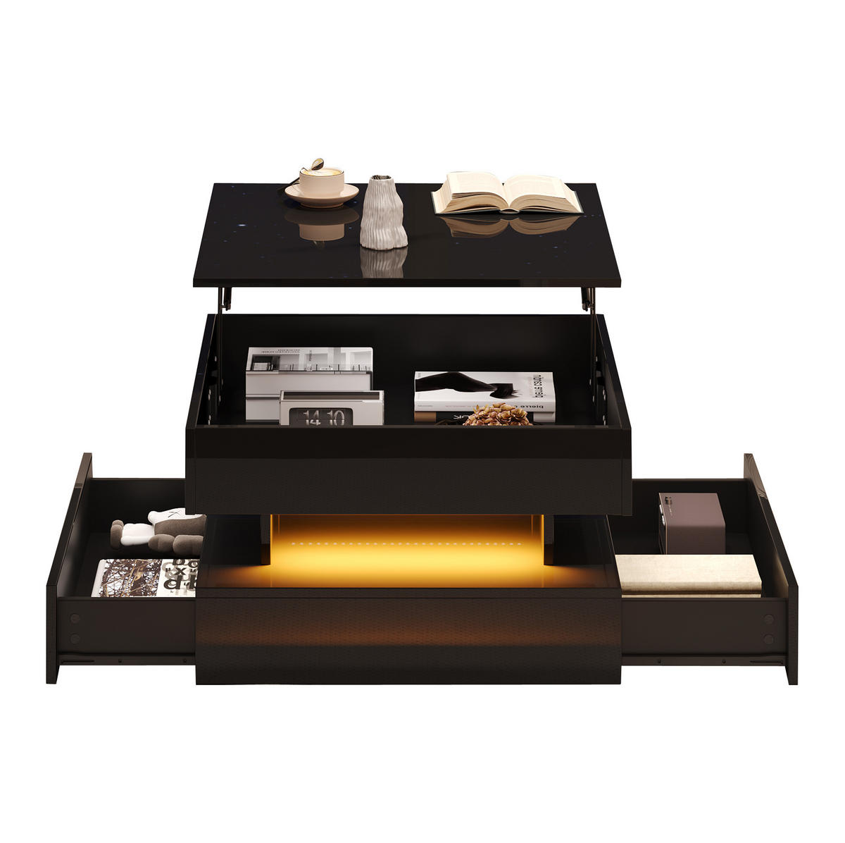 COUCHTISCH 65/65/38,5 cm in Schwarz, höhenverstellbar mit LED-Beleuchtung - Schwarz, Holzwerkstoff (65/65/38.5cm) - Flora Grace