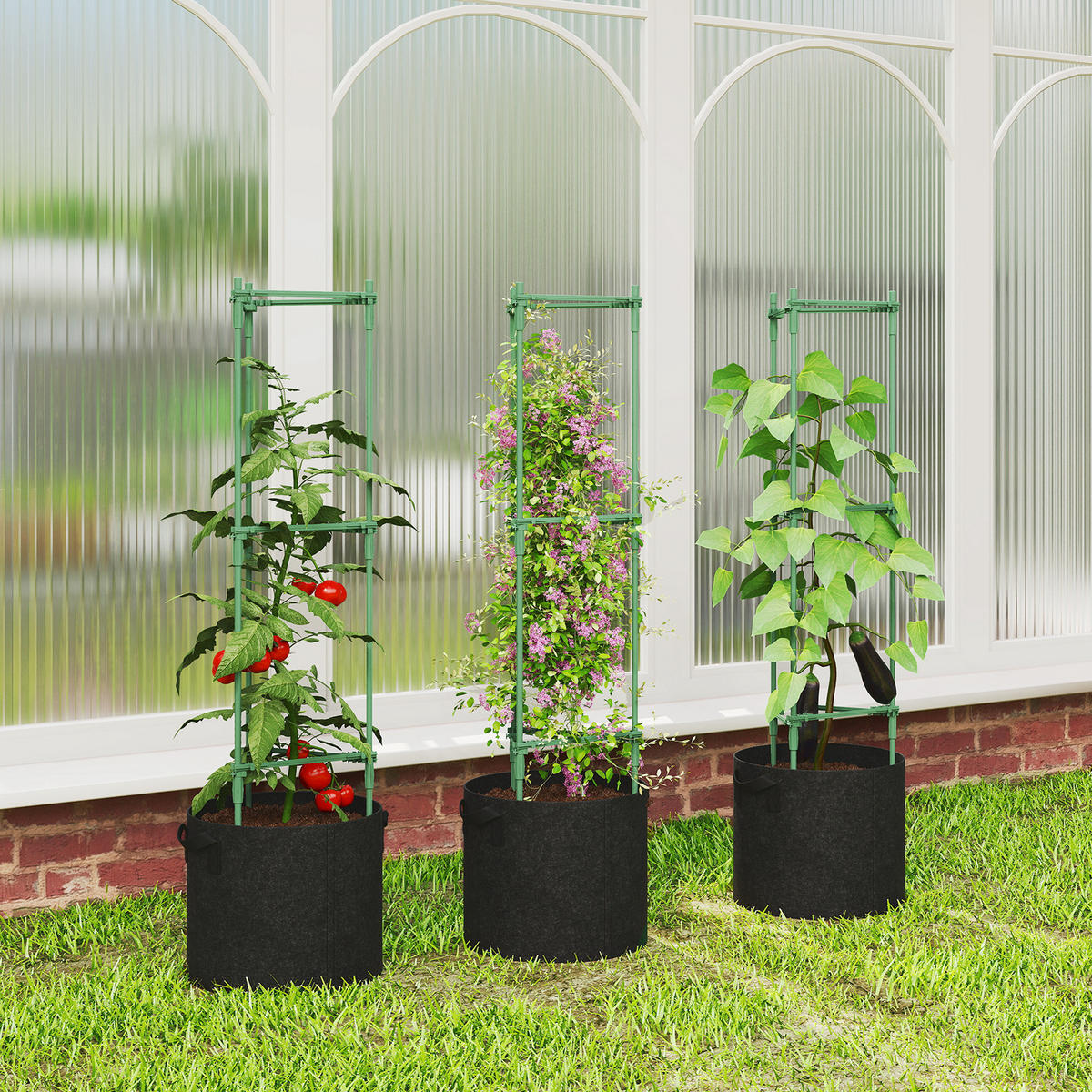 HOCHBEET mit Rankgitter 83,7 Liter Säcken 3er Set dreieckige Pflanzkasten - Grün, Metall (35/120/35cm) - Outsunny