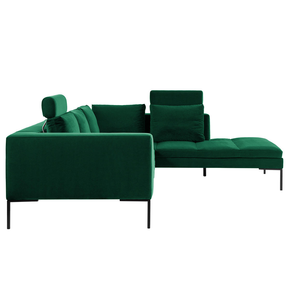 ECKSOFA mit Ottomane - Dunkelgrün/Schwarz, Textil/Metall (255/230cm) - home24