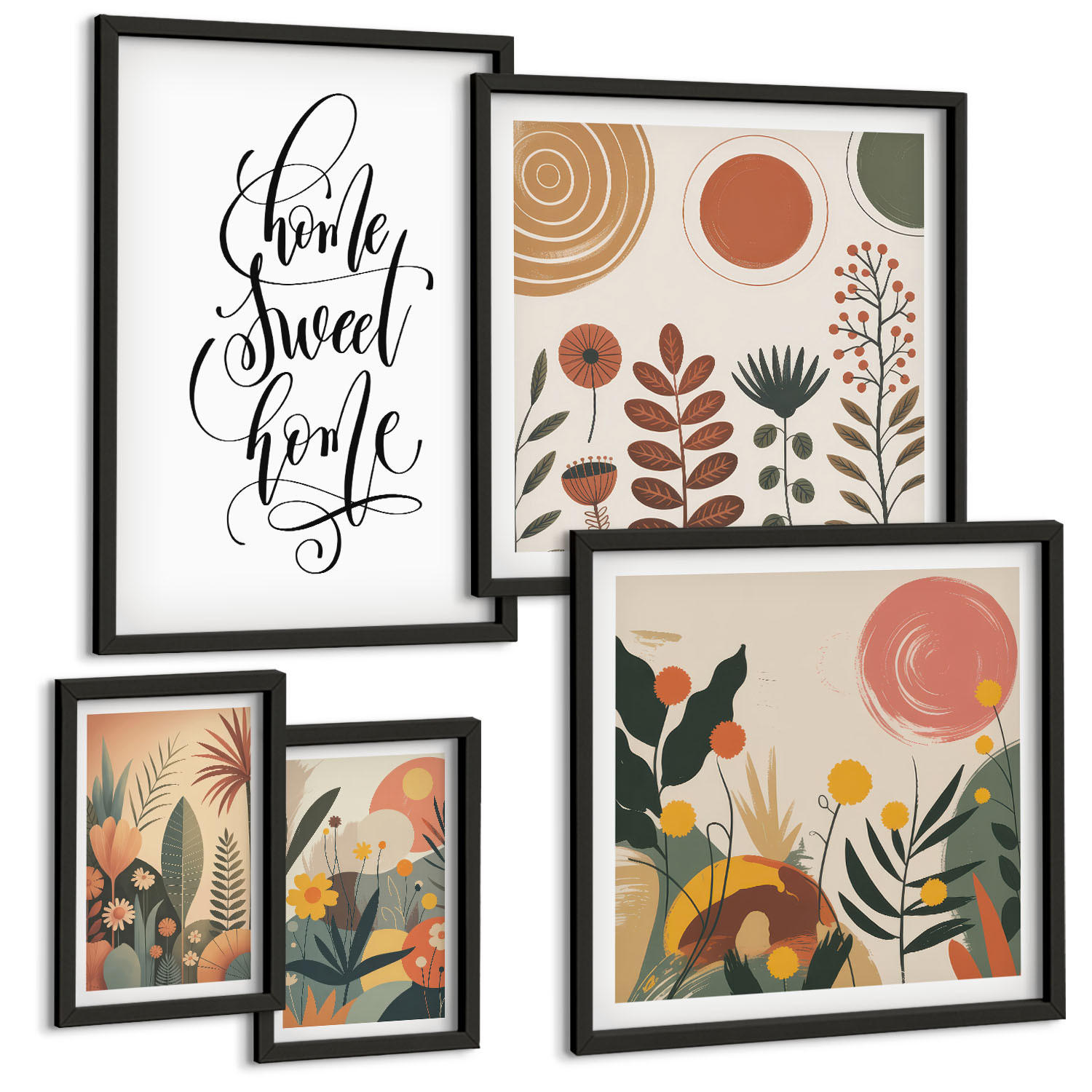 BILDER SET 5er Set - 50x50 cm & 20x30 cm & 40x60 cm Schwarzer Rahmen - Pastellfarbene Pflanzenmuster - Schwarz, Kunststoff (40/60cm) - TULUP