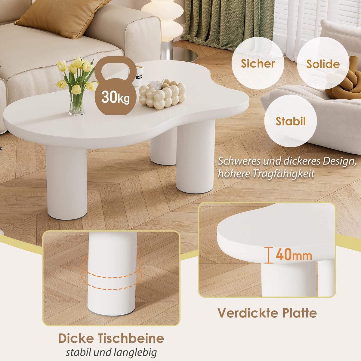 COUCHTISCH DE-080 Wolkenform Weiß - Weiß, Holzwerkstoff (66/107/41cm) - ComfortXL