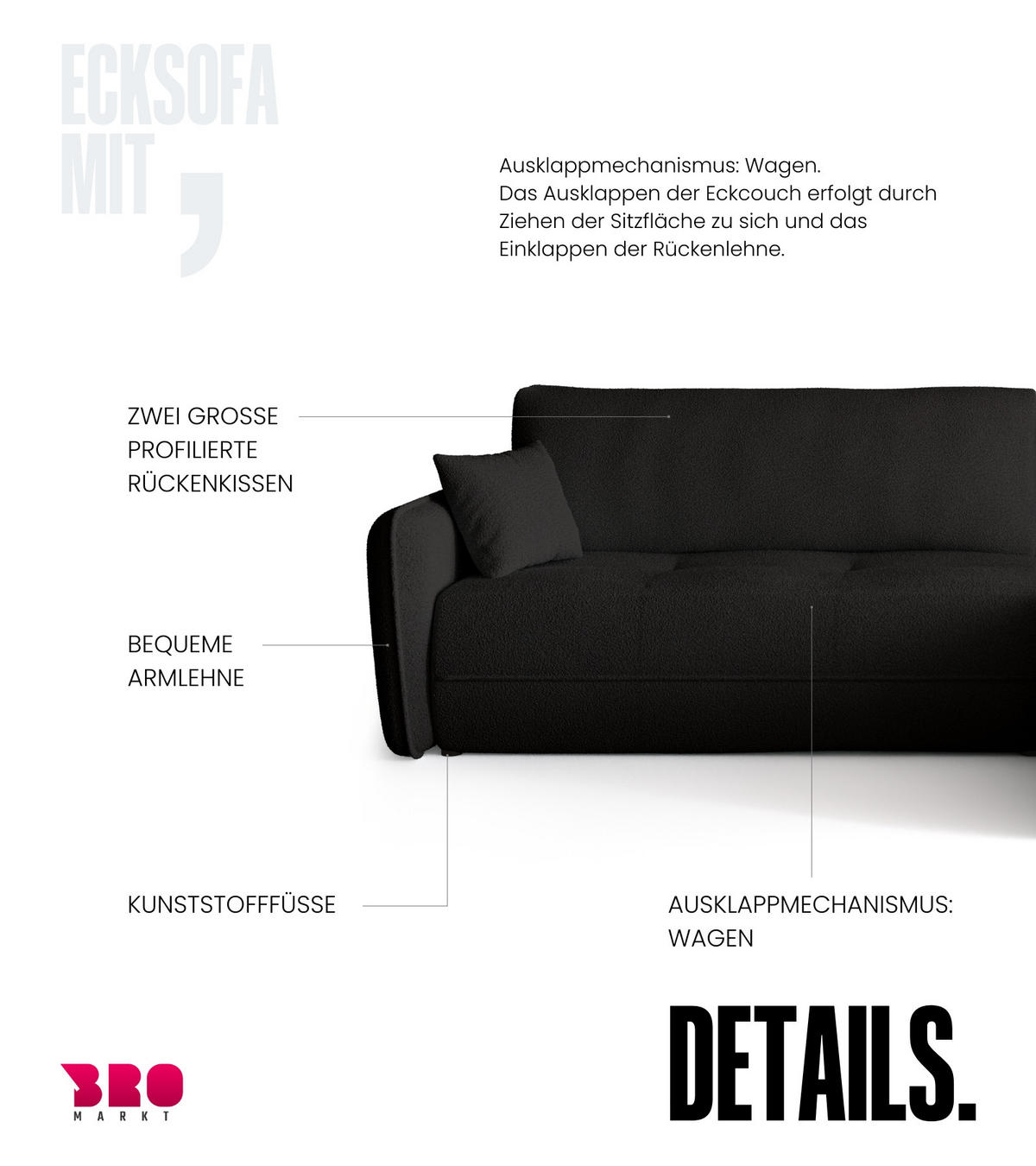 ECKSOFA CLAUDIO mit Schlaffunktion Schwarz - Schwarz, Textil (263/150cm) - Bromarkt