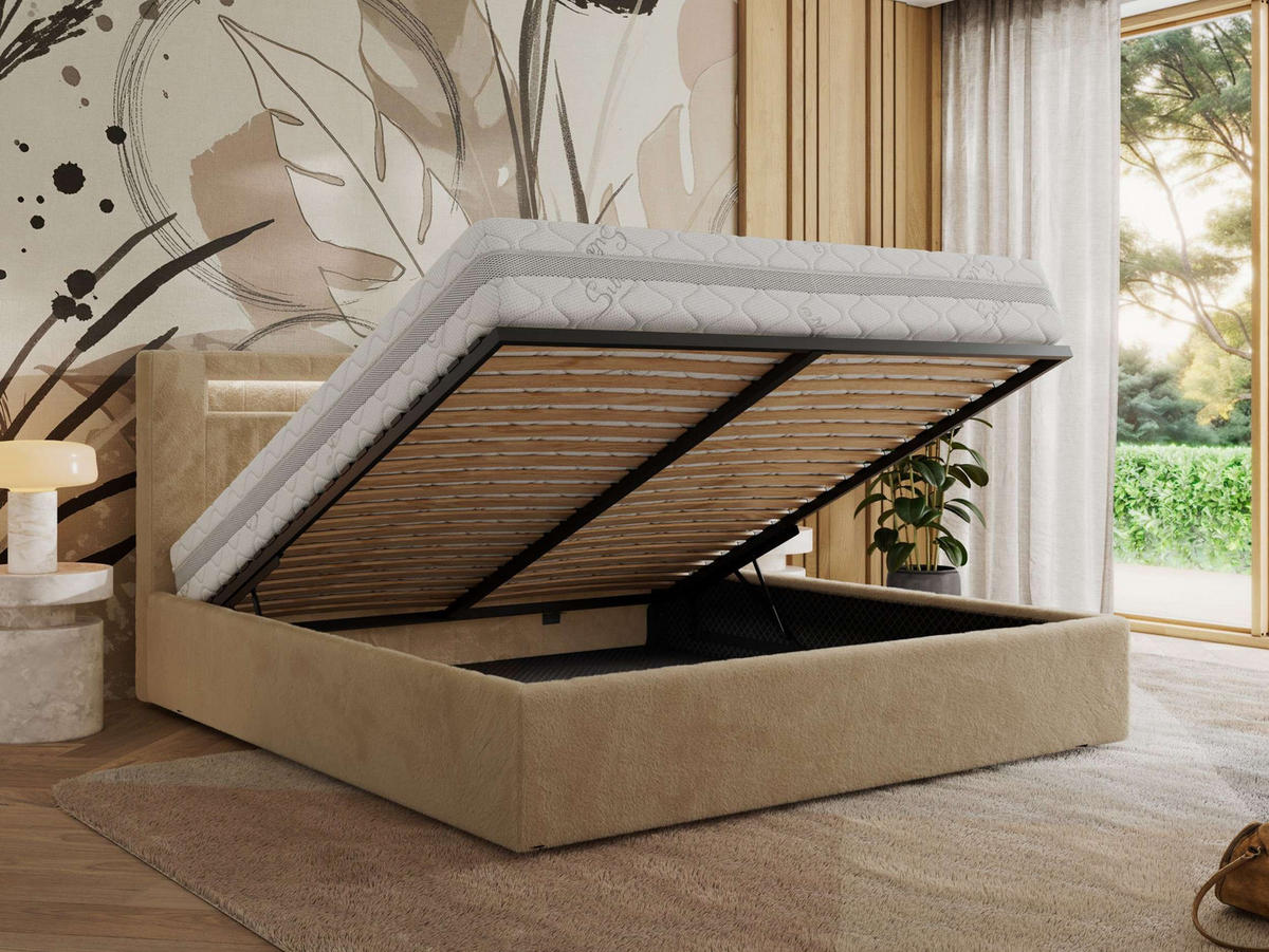 POLSTERBETT GOLD 5 CLASSIC 200/200 - Beige Plüsch - ohne Matratze - Beige, Textil (200/200cm) - MKS