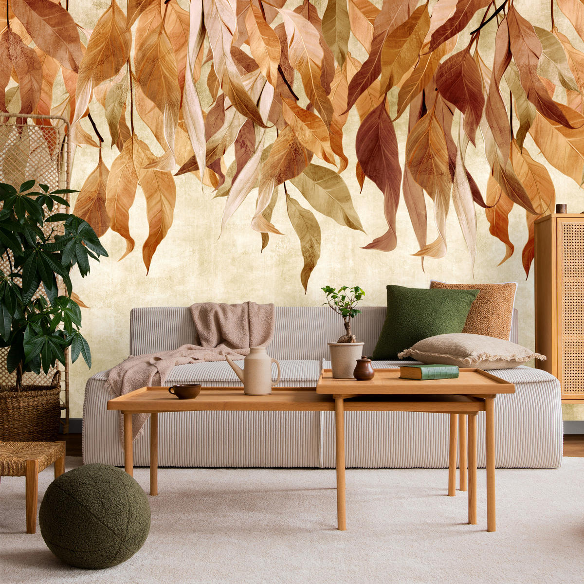 FOTOTAPETE Blätter Pflanzen Natur für Wohnzimmer 400x280 - Beige/Rot, Papier (400/280cm) - Muralo