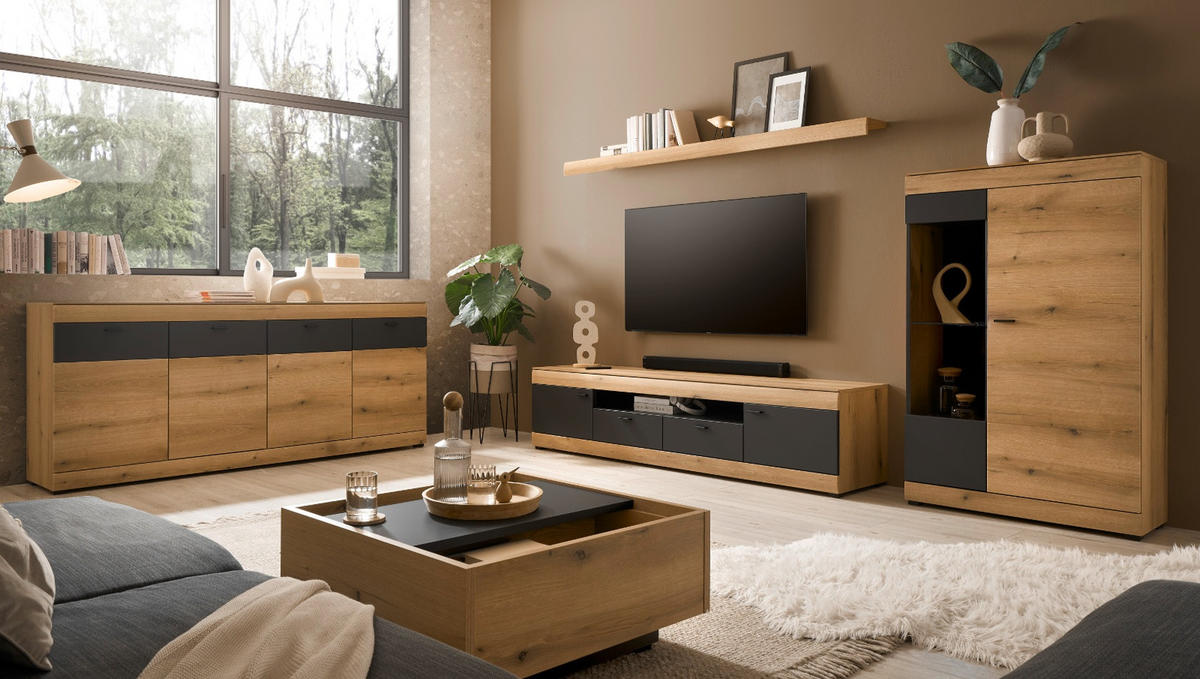 SIDEBOARD in Eiche, grau 200 cm, große kommode mit Soft-Close - Kaschmir/Eichefarben, Holzwerkstoff/Kunststoff (200/87/42cm) - Furn.Design
