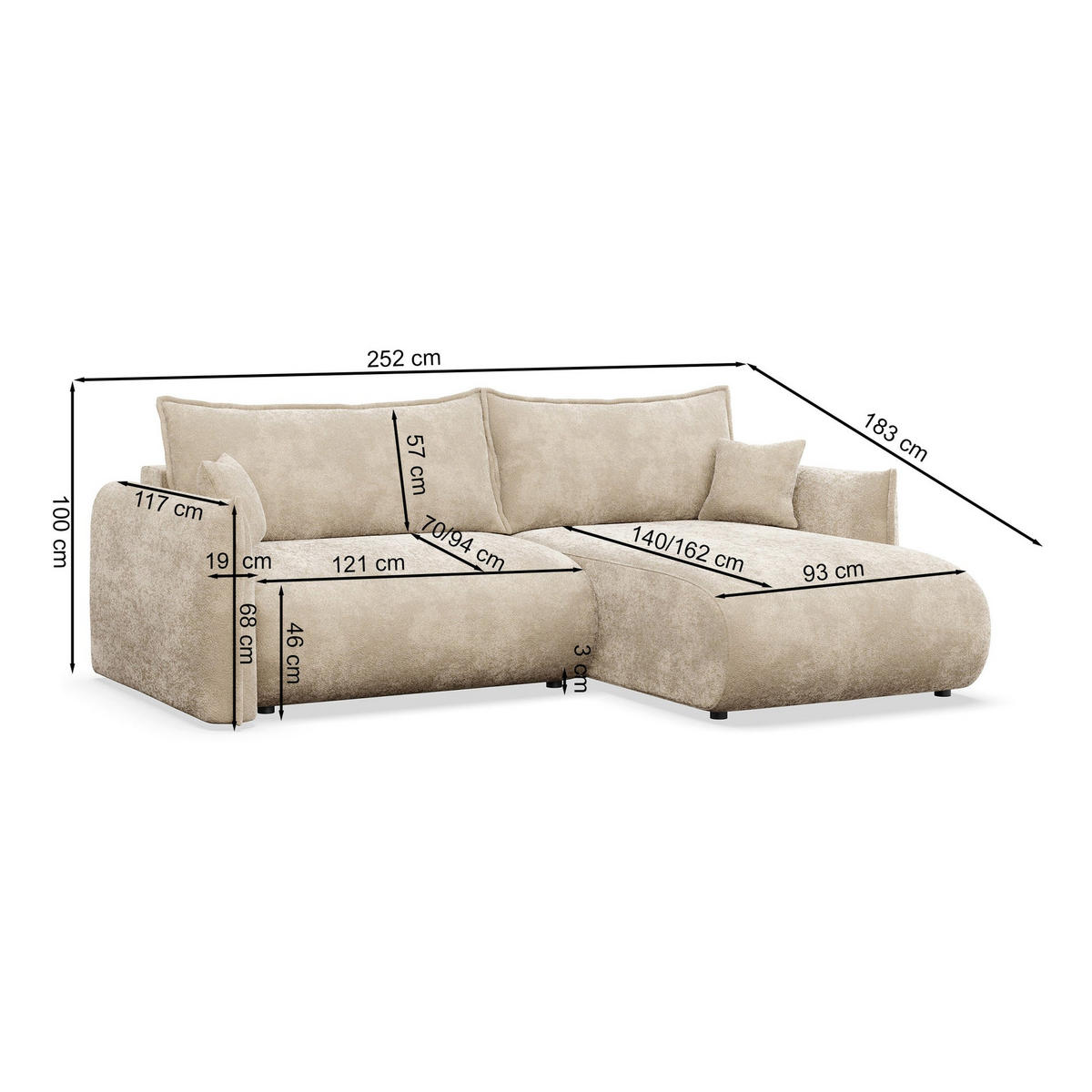 ROHOVÁ SEDAČKA Cushi, levý roh, šedá žinylka - šedá/černá, textil/plast (252/183cm) - Selsey