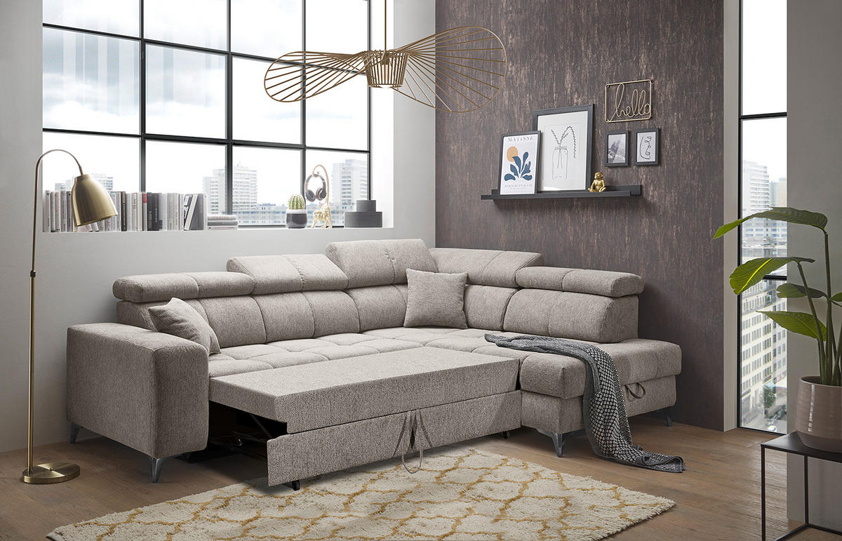 ECKSOFA mit Schlaffunktion - Webstoff - Taupe/Schwarz, Kunststoff/Textil (282/198cm) - home24