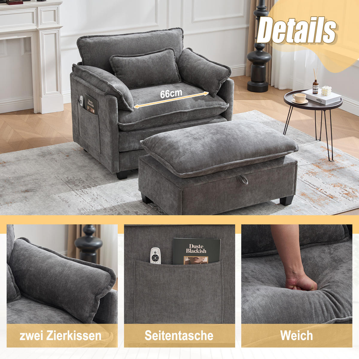 SOFASESSEL mit Hocker und Stauraum in Samt, 103 / 85 / 91 cm - Grau, Textil (85/91/103cm) - PARAFTA HOME