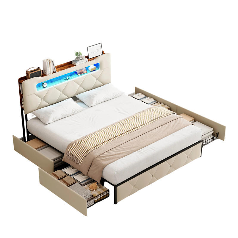 POLSTERBETT 140x190 cm Beige Stoff LED USB 4 Schubladen - Beige, Holz (140/190cm) - SHOPENTRA