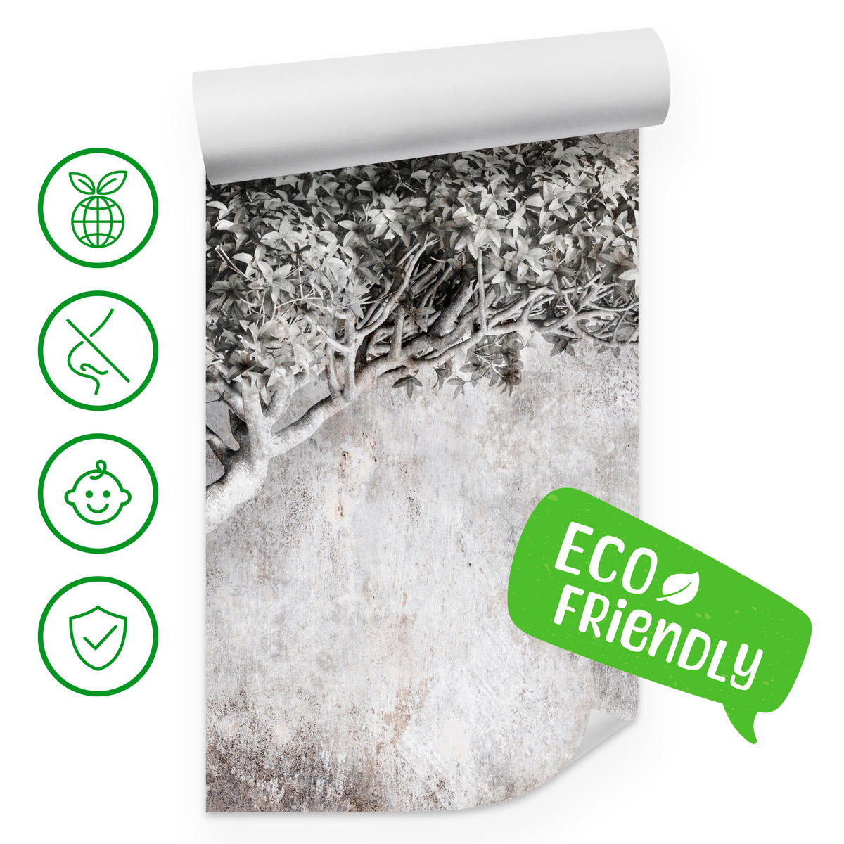 FOTOTAPETE Abstrakter Baum Beton Vintage Grau Blätter Natur 500x350 - Schwarz/Grau, Papier (500/350cm) - Muralo