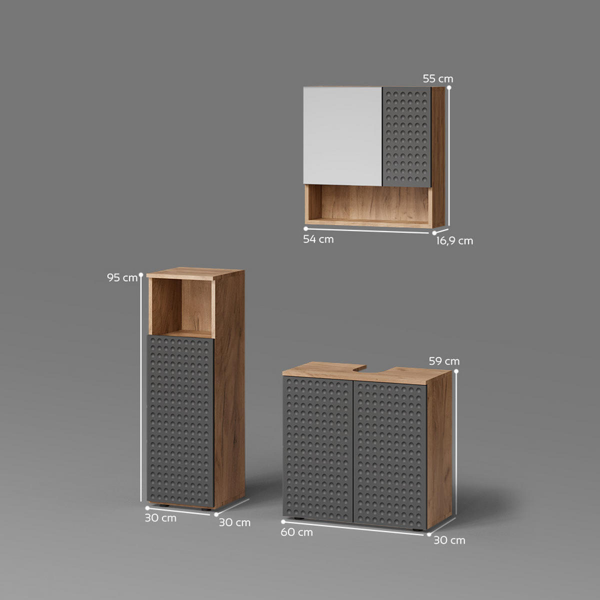 BADMÖBEL-SET Ronco Anthrazit gepunktet 3 Teile - Honigeiche/Anthrazit, Holzwerkstoff (60/59/30cm) - Livinity®