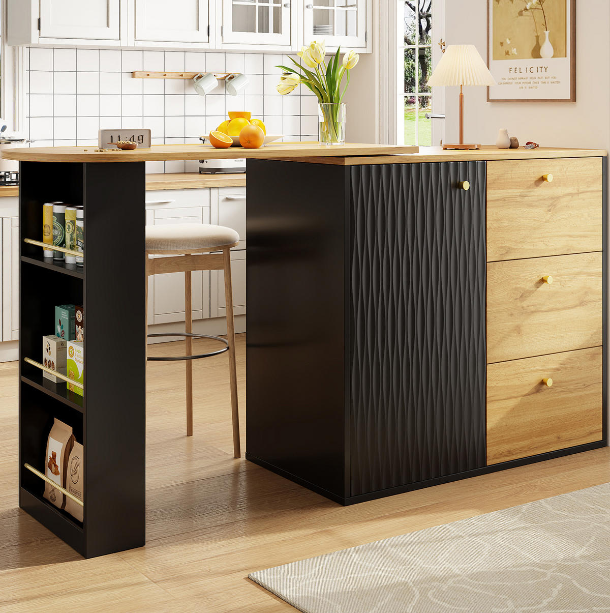 BARTISCH aus MDF, 360° dreh- & ausziehbar mit Stauraum, 138-204/39/104 cm, Schwarz - Schwarz, Holzwerkstoff (39/104/138cm) - Redom