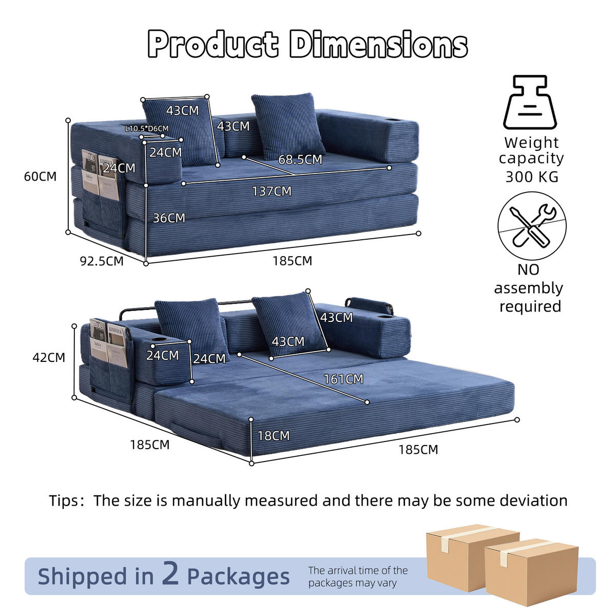 SCHLAFSOFA DE-33515 faltbar mit Becherhalter Dunkelblau - Dunkelblau, Textil (185/60/92.5cm) - ComfortXL