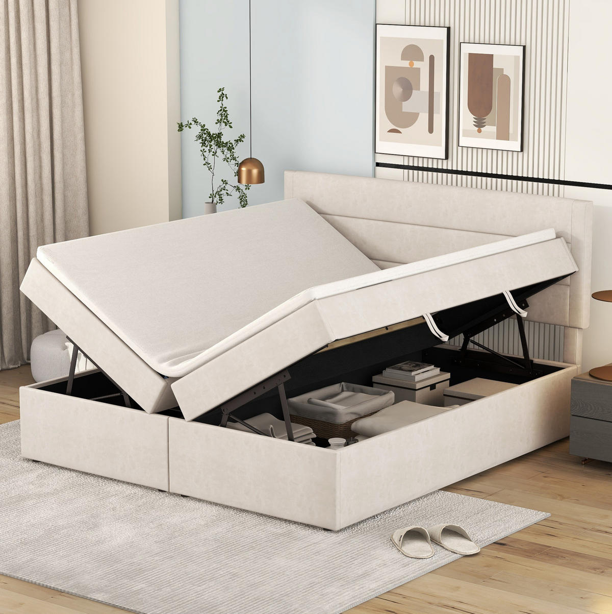 POLSTERBETT 140/200 cm Beige aus Leinen mit Bettkasten - Beige, Textil (140/200cm) - OKMYHOME