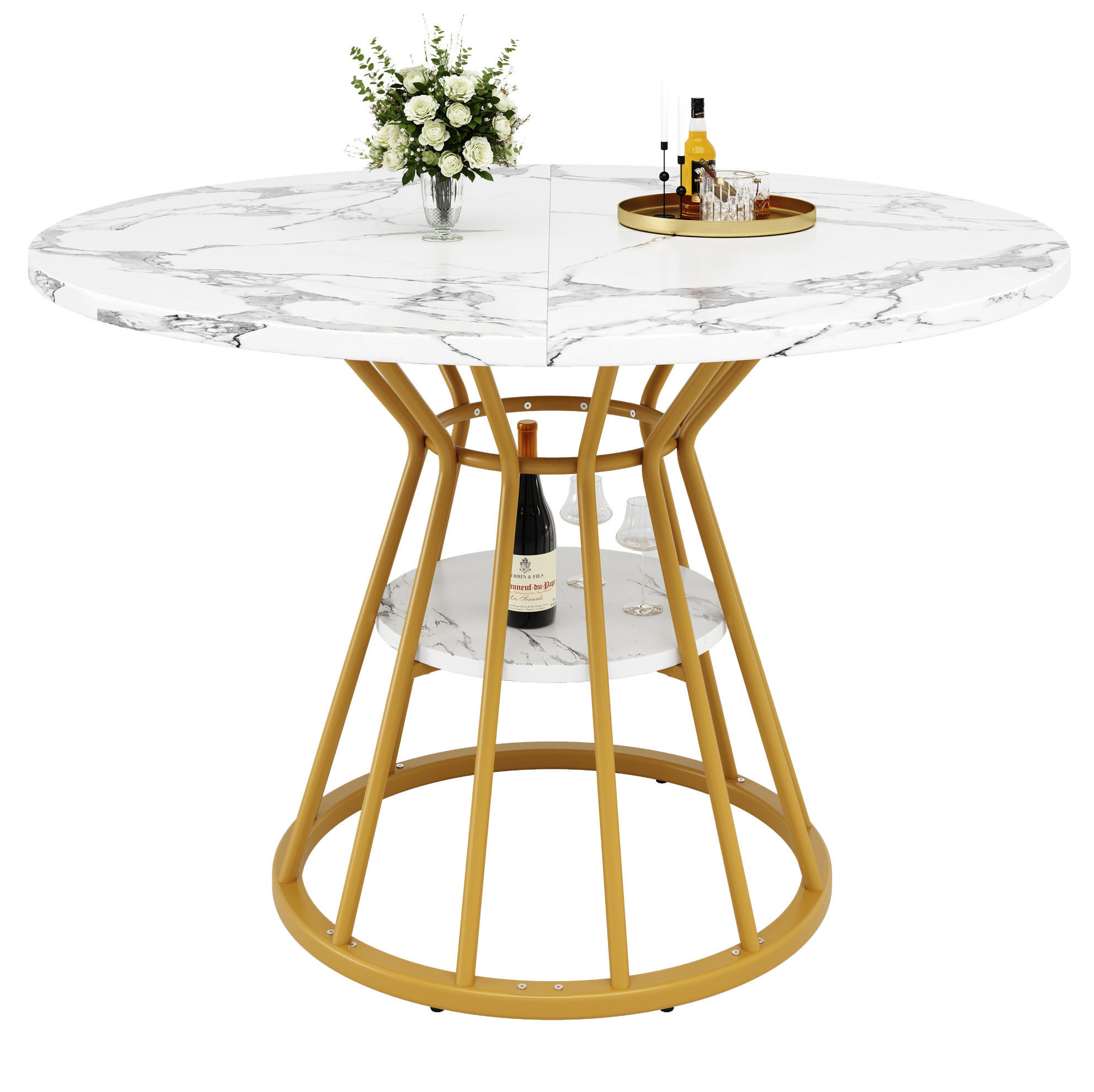 ESSTISCH, MDF in Marmoroptik mit Ablagefläche & Metallgestell, Ø 100/76 cm, Gold - Goldfarben, Holzwerkstoff (100/100/76cm) - Redom