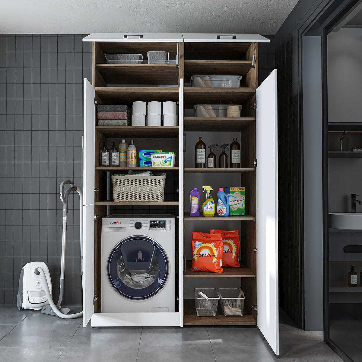 WASCHMASCHINENSCHRANK DORA-II 130cm Breit, 230cm Hoch - Eiche Bianco, Holzwerkstoff (130/230/73.8cm)