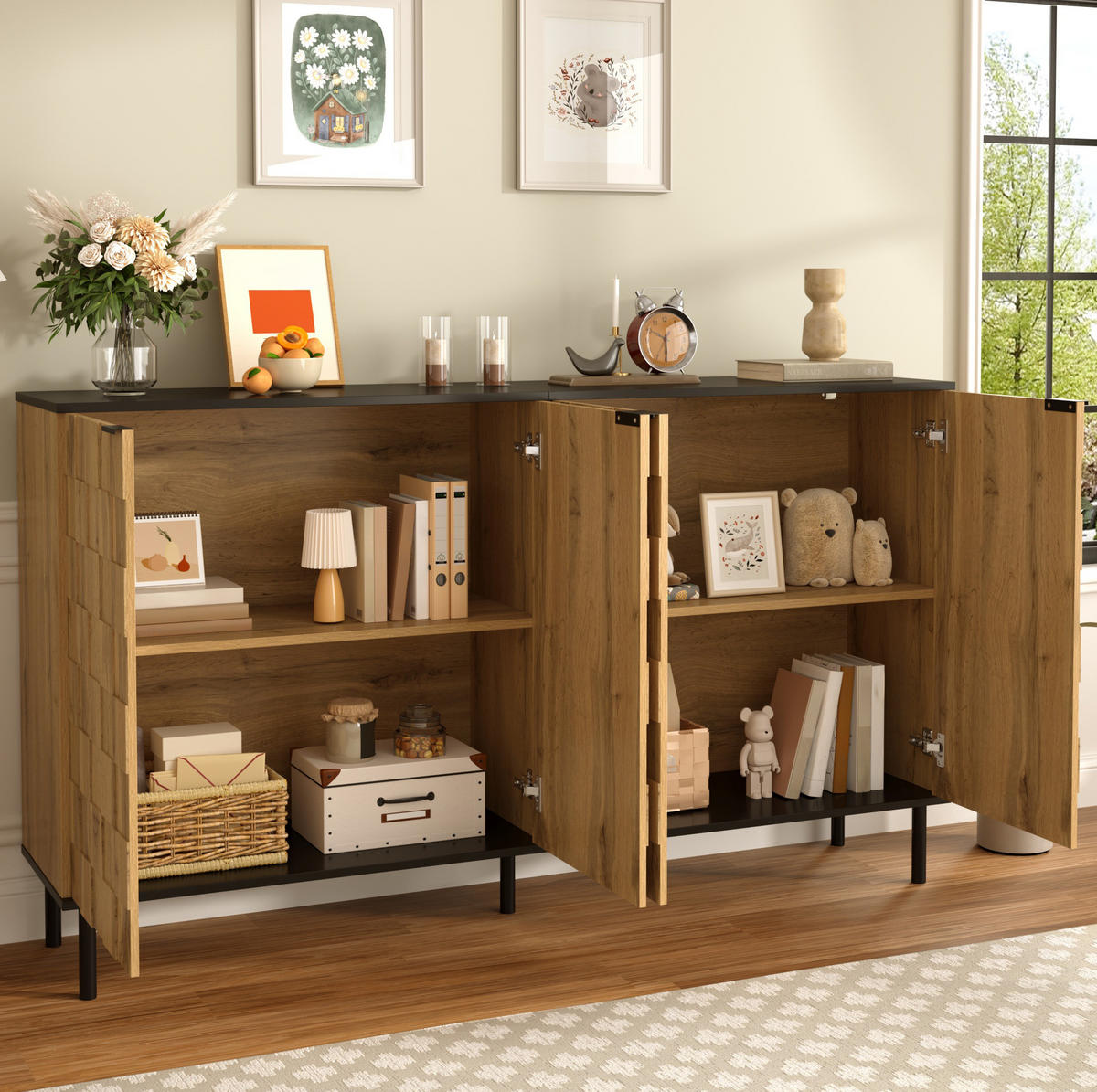 SIDEBOARD 160/35/80,5 cm mit 2 Türen in Natur/Schwarz & Mosaikfronten - Naturfarben, Holzwerkstoff (160/80/35cm) - BEAOK