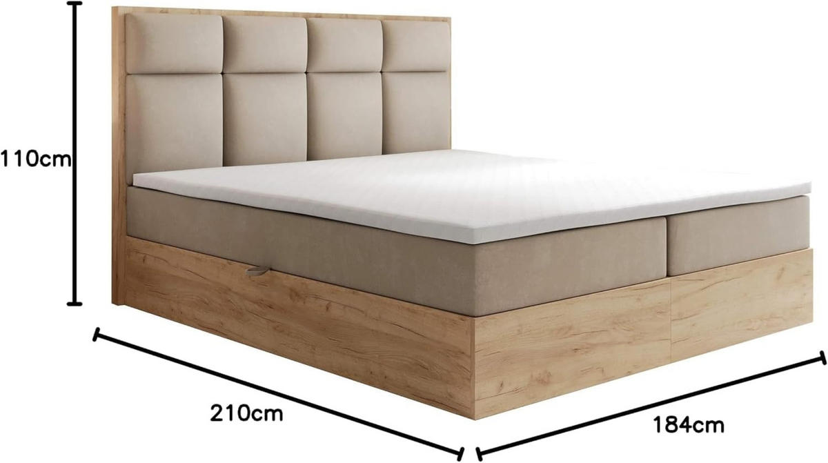 BOXBETT 180 x 200 cm mit Bettkasten und Taschenmatratze H3, SELVA mit Topper 5 cm und Holzelemente, Grau - Grau, Holzwerkstoff/Kunststoff (180/200cm) - Trada