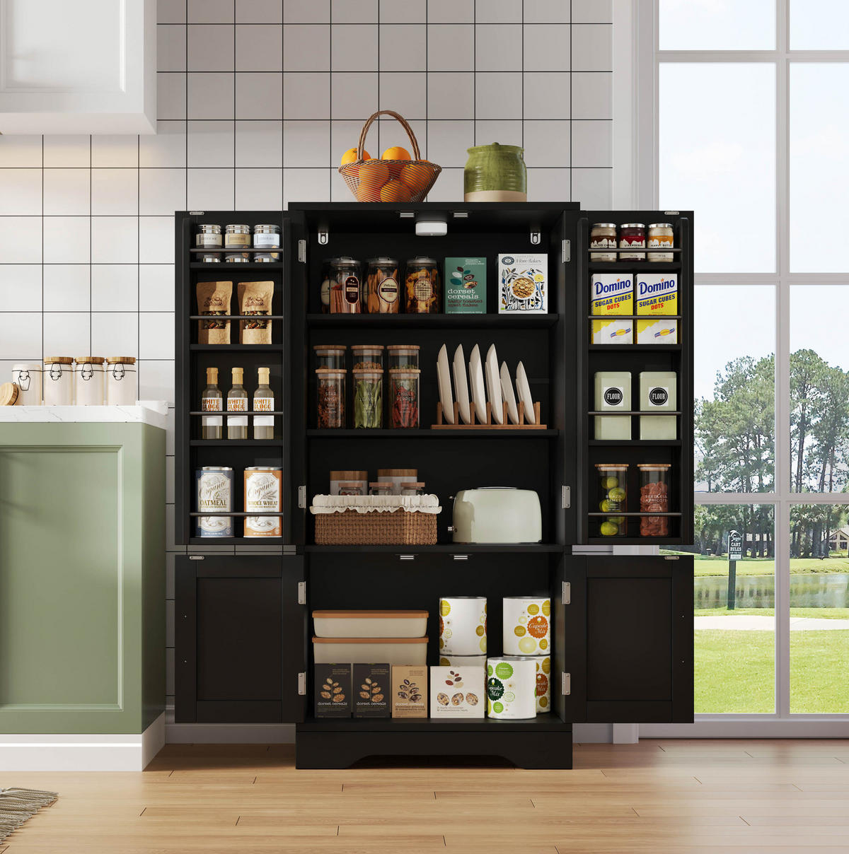 HOCHSCHRANK aus MDF mit 4 Türen, LED-Sensorlicht, 60/40/120 cm, Schwarz - Schwarz, Holzwerkstoff (40/120/60cm) - Redom