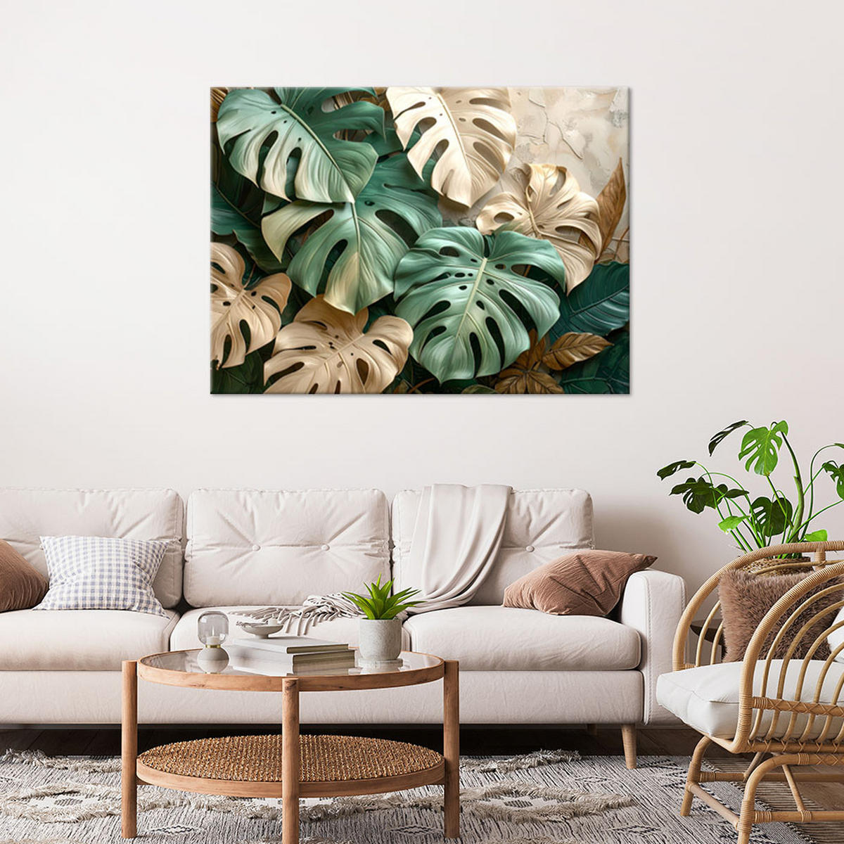 LEINWANDBILDER, Grüne und beige Monstera-Blätter (3D) - Grün, Textil (120/80cm) - Feeby