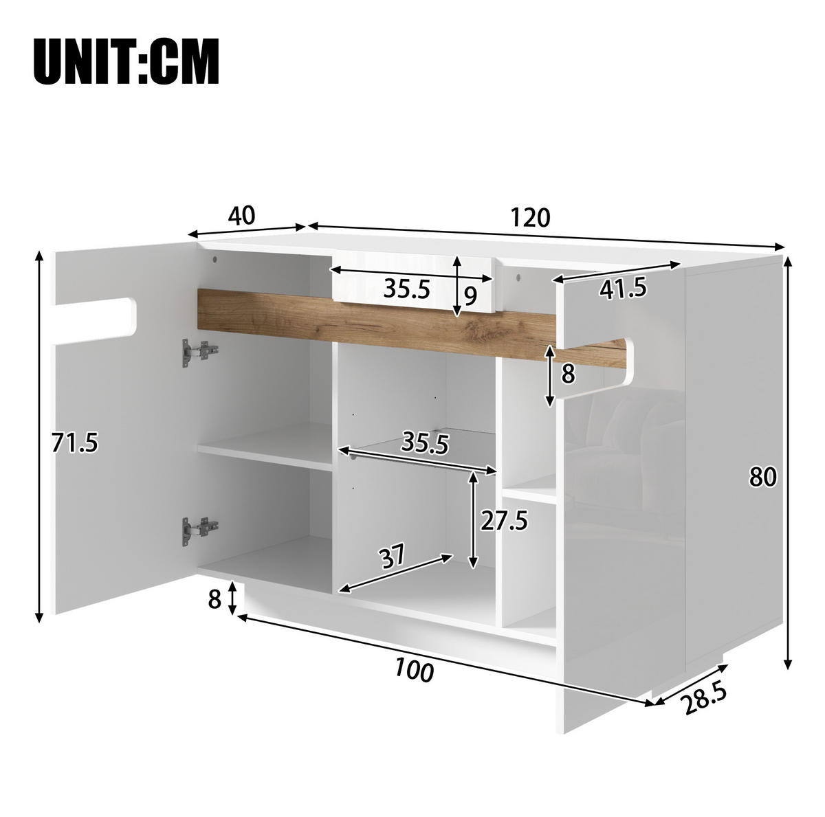 SIDEBOARD 120/40/80 cm Weiß/Natur aus Spanplatte und Glas mit LED - Weiß, Glas (120/80/40cm) - OKWISH