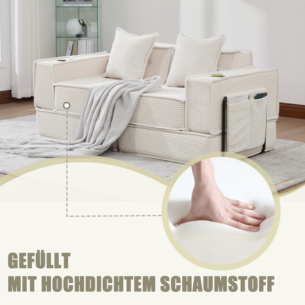 SCHLAFSOFA 2-Sitzer mit Hocker, Stauraum und Getränkehaltern - Beige, Textil (162/66/78cm)
