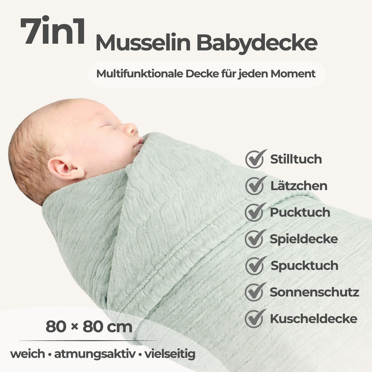 SPUCKTUCH Mullwindel Bbaydecke Puckdecke Musselindecke Mint Musselin (65 x 70 cm) - Mintgrün, Textil (70/70cm) - nordic coast company
