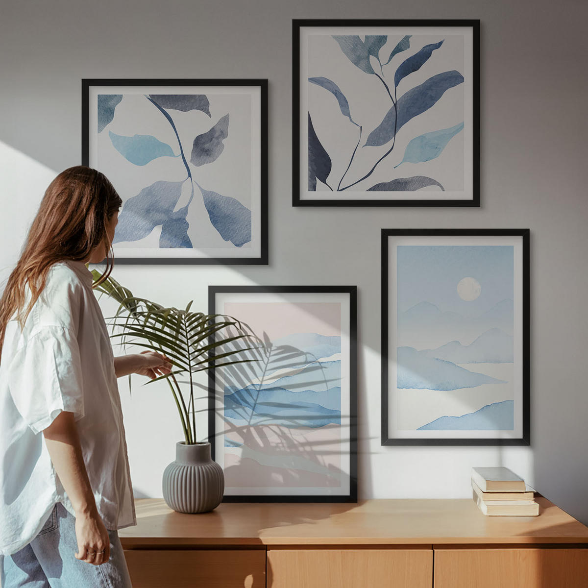 WANDBILDER 4er-Set - 50x50 cm & 40x60 cm Schwarzer Rahmen - Berglandschaften, Aquarellpflanzen - Schwarz, Kunststoff (50/50cm) - ArtPrintCave