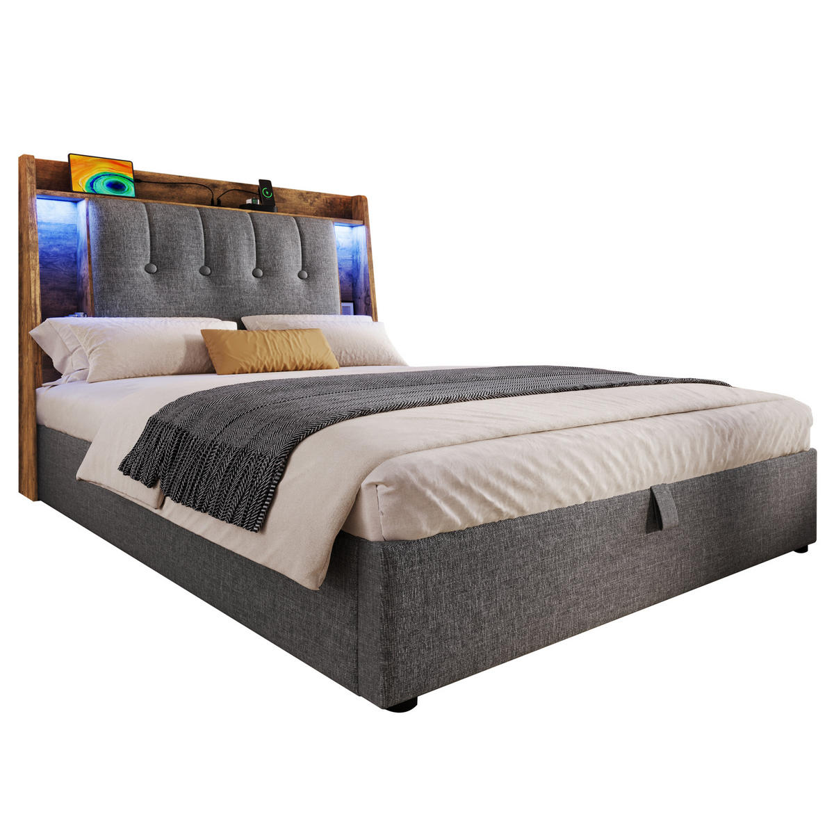 POLSTERBETT 90/200 cm Grau aus Leinen und MDF mit LED-Beleuchtung - Grau, Textil (90/200cm) - OKMYHOME