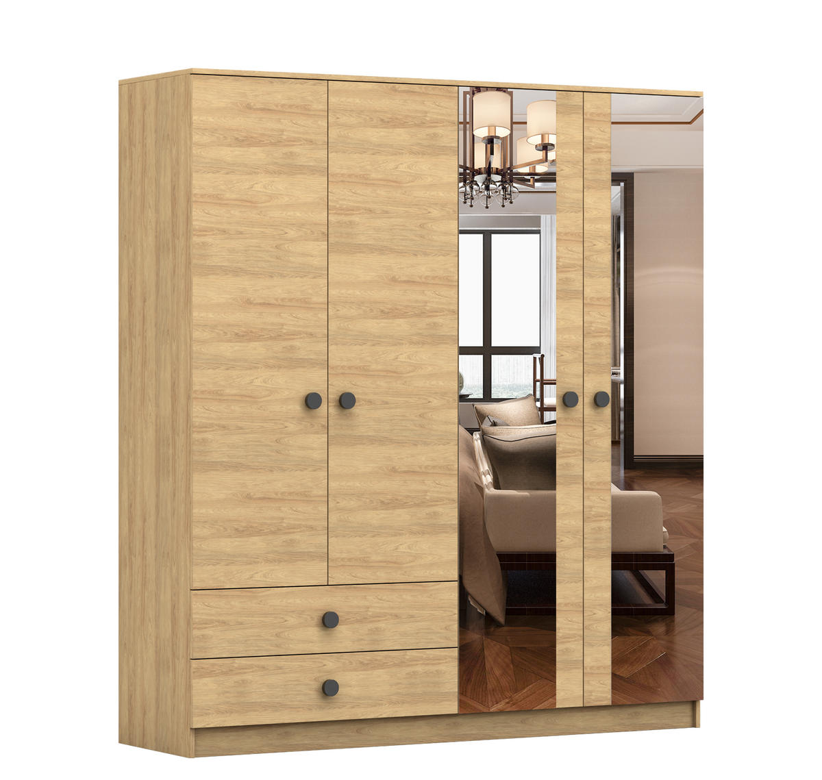 DREHTÜRENSCHRANK 180/205/52,2 cm Lux 4D2S Hickory Eiche, Hickory Eiche - Schwarz/Sonoma Eiche, Holz/Holzwerkstoff (180/205/52.2cm) - imoebel24