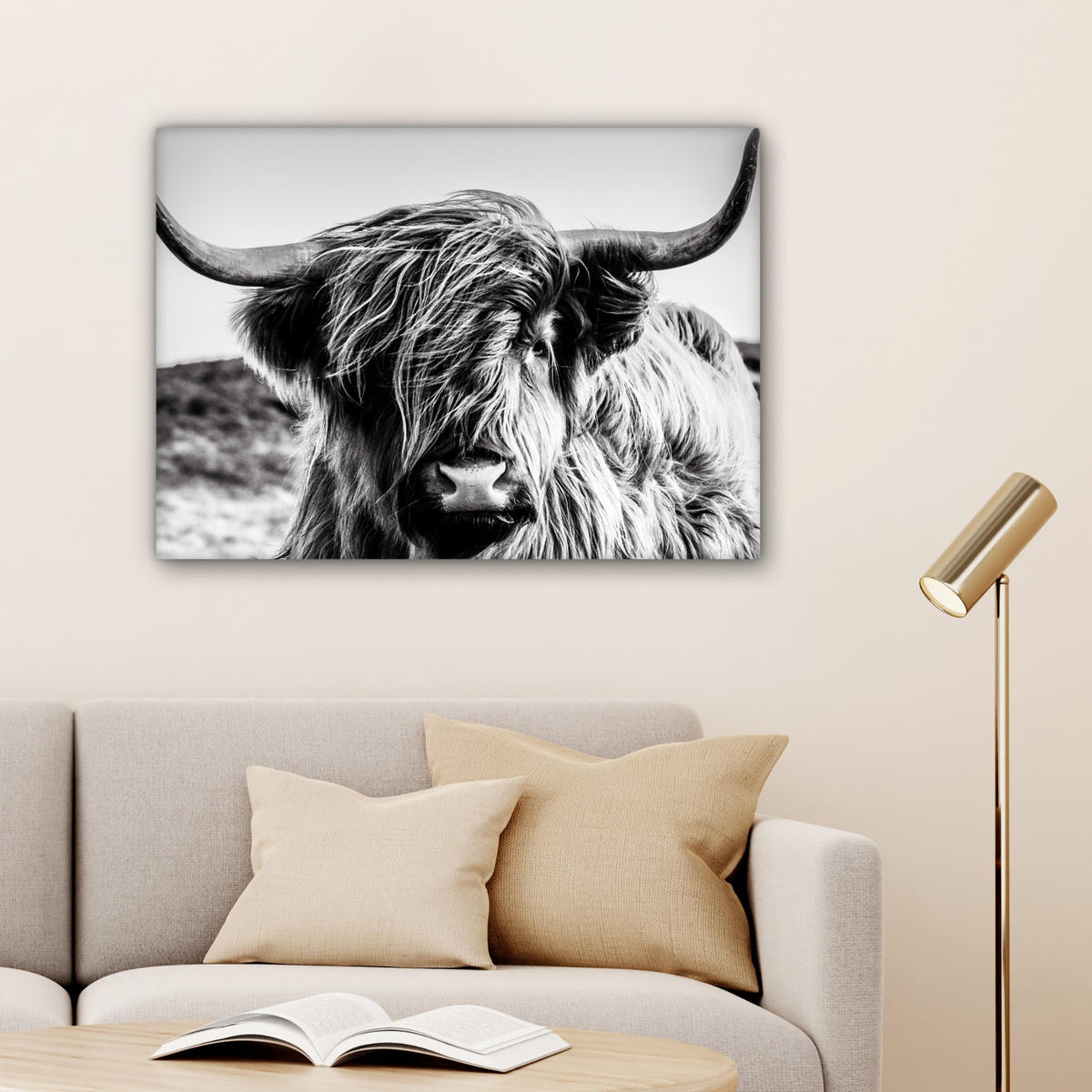 LEINWANDBILD Kuh - Schottischer Hochländer - Schwarz - Weiß - Tier - Natur - Wildtiere Wandbilder 80x60 cm - Schwarz, Textil (80/60cm) - MuchoWow