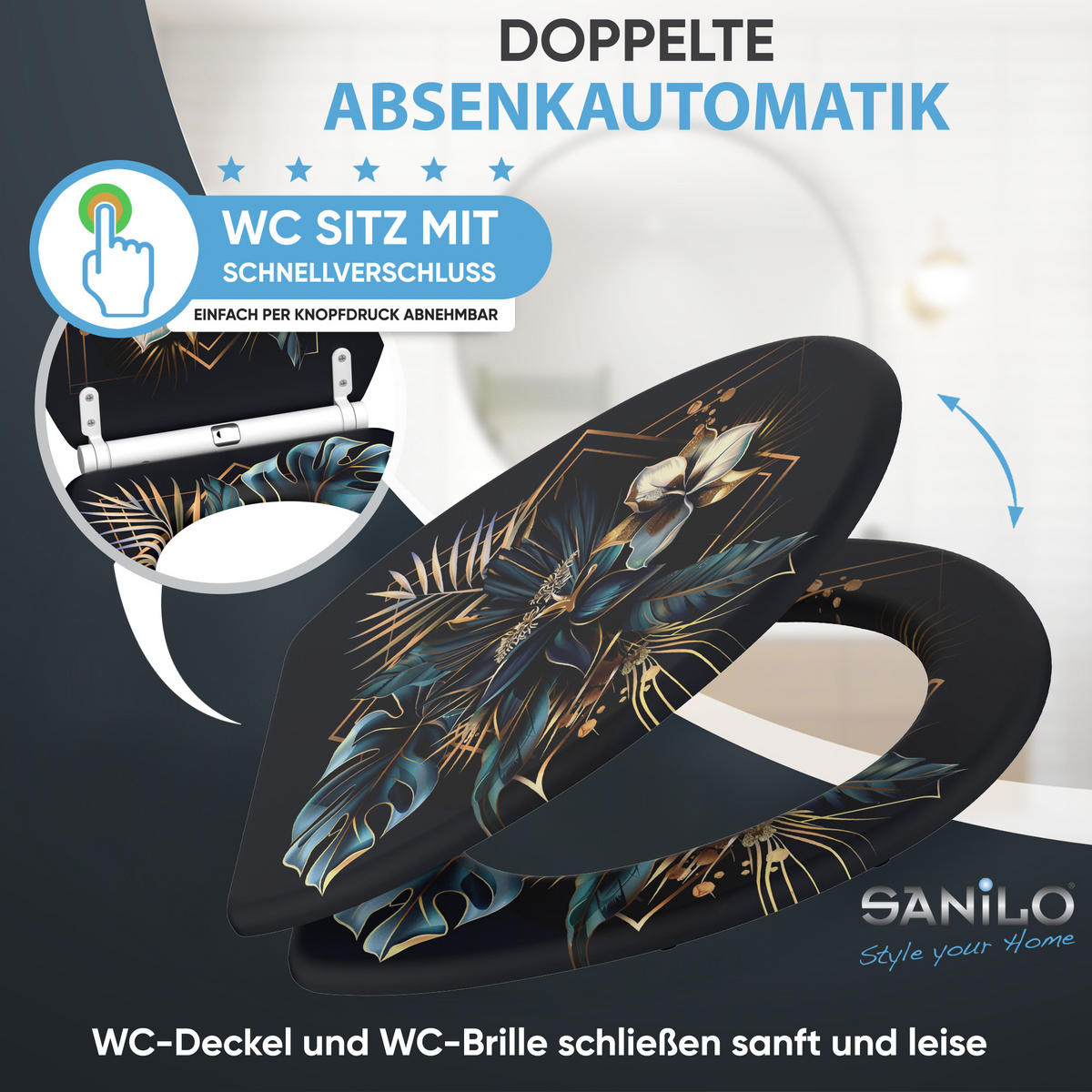WC-SITZ mit Absenkautomatik & Top Fix Goldfera - Blau, Holzwerkstoff (37.7/5/48cm) - Sanilo