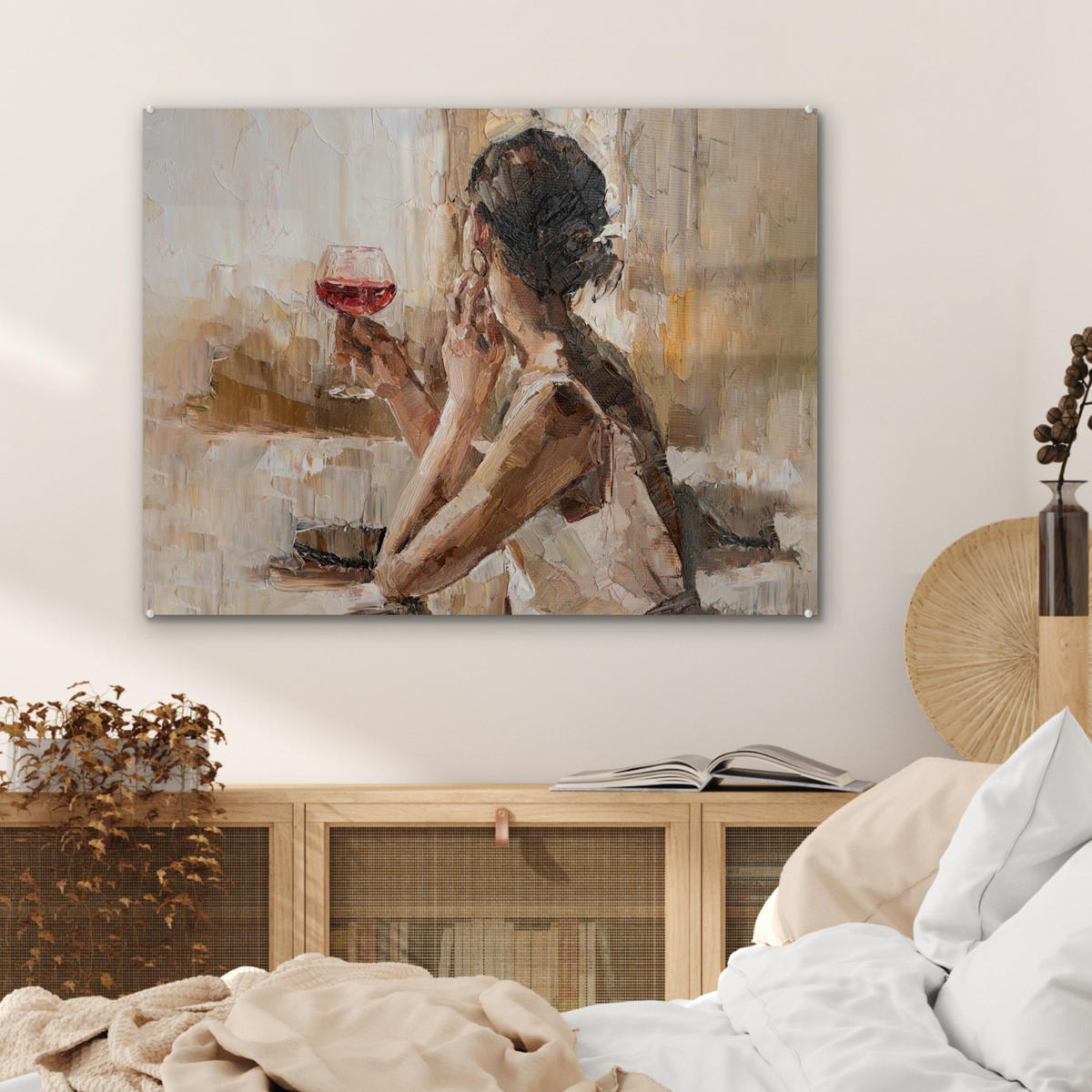OBRAZ NA AKRYLOVOM SKLE Olejomaľba - Žena - Víno 80x60 cm - svetlohnedá, sklo (80/60cm) - MuchoWow