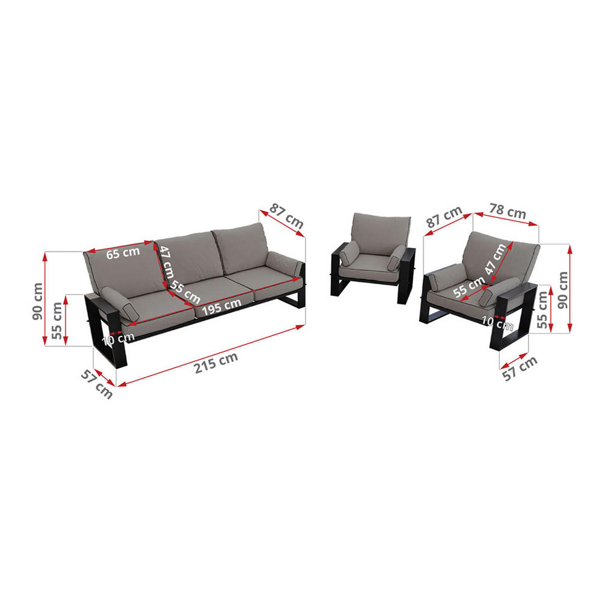 GARTENMÖBEL-SET ELBA:  1x Tisch, 1x Sofa, 2x Sessel - Grau - Grau, Textil - MKS