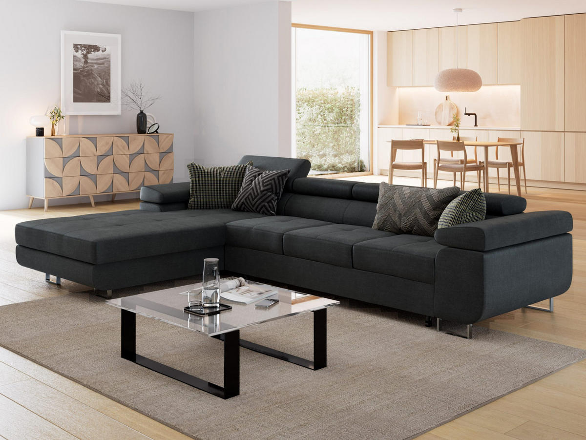 ECKSOFA VEMO CORE PLUS Links Schwarz Velours-Stoff mit Schlaffunktion und Bettkasten - Schwarz, Holz/Metall (335/205cm) - Barchello