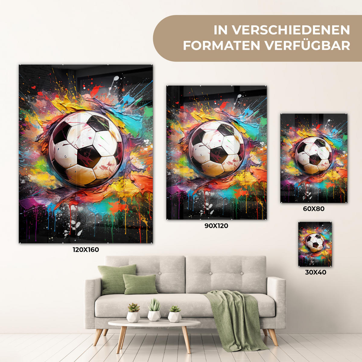ACRYLGLASBILD Fußball - Farbe - Farben - Schwarz - Weiß 60x80 cm - Weiß, Glas (60/80cm) - MuchoWow