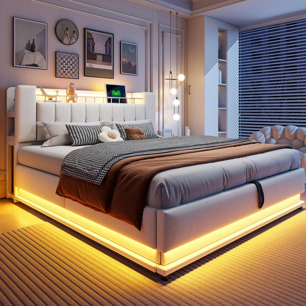POLSTERBETT mit LED, USB und Stauraum 180x200 cm Samt Beige - Beige, Metall (180/200cm) - Meubliv