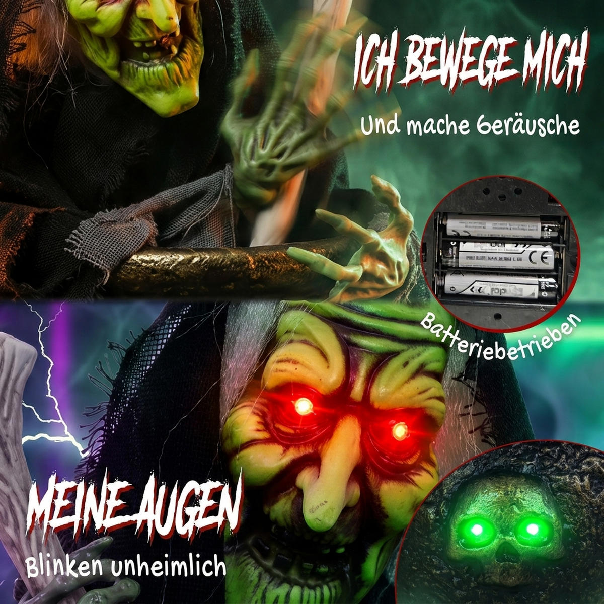 ANIMIERTE-HALLOWEEN-DEKORATION Metall Polyester Schwarz - Schwarz, Kunststoff (27/47/28cm) - HOMCOM