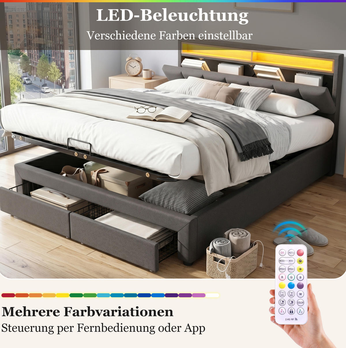 POLSTERBETT 180x200 cm in Dunkelgrau mit LED-Beleuchtung und Stauraum - Dunkelgrau, Textil (180/200cm) - IVMEU