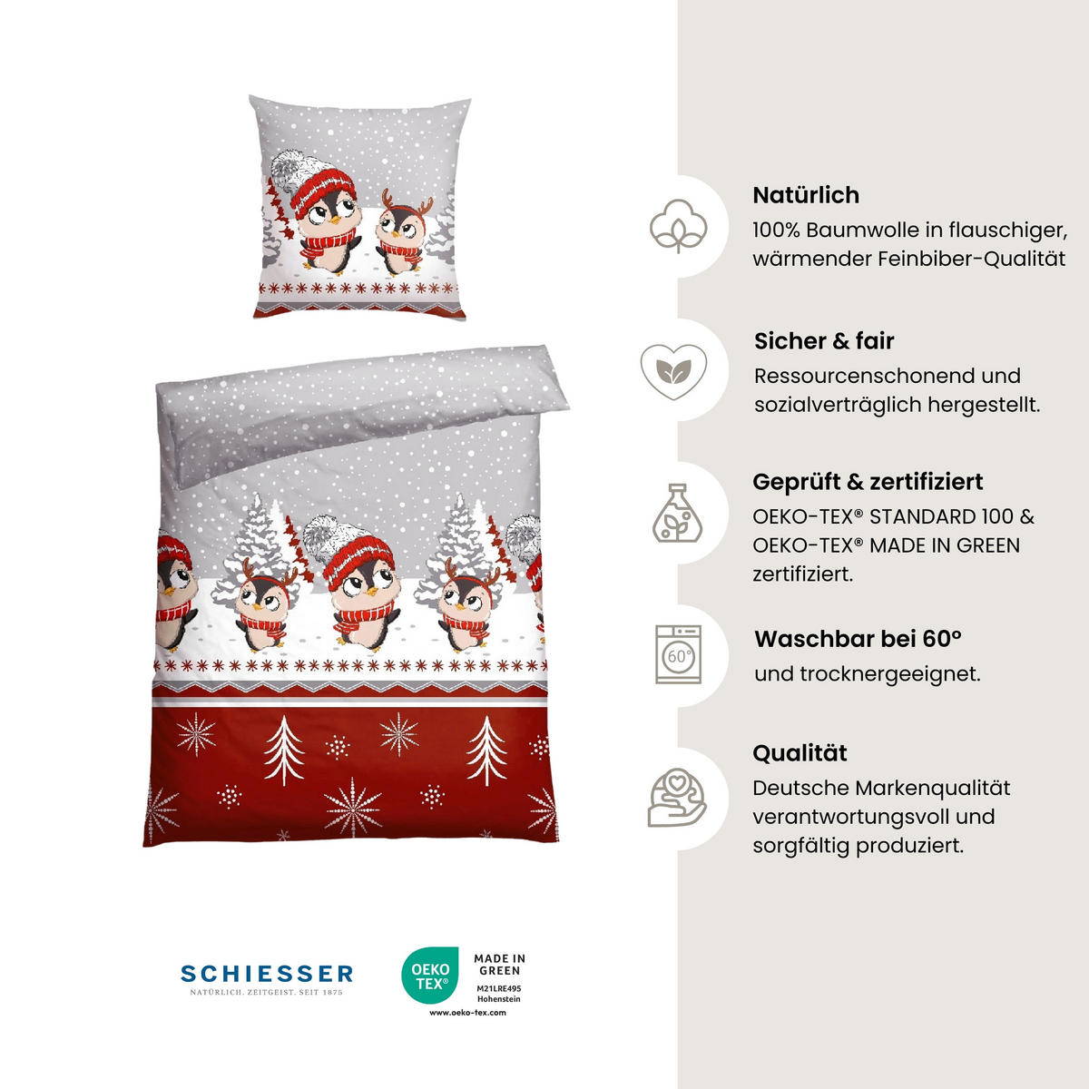 BETTWÄSCHESET Antoni - Feinbiber - 2-teilig - 155 x 220 cm - Grau - Grau, Textil (155/220cm) - SCHIESSER